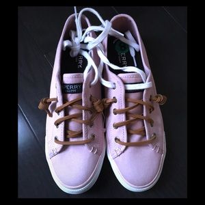 Sperry Pink Canvas Boat Shoes with Brown Laces